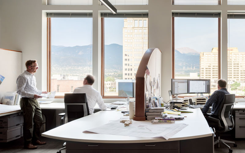 A view of downtown Colorado Springs and Pikes Peak from the third floor office of RTA.