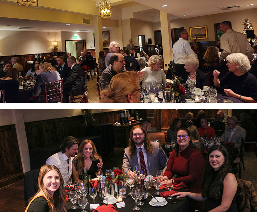 a photo collage of three images, each depicting a gathering of people sitting and standing around tables at a holiday party