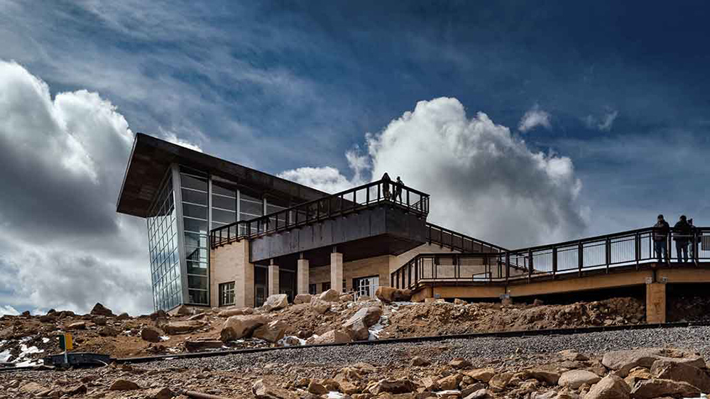 pikes peak summit visitor center seen from below