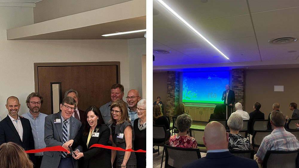 a group cut a ribbon at pikes peak hospice ribbon cutting celebration and paul reu gives a speech