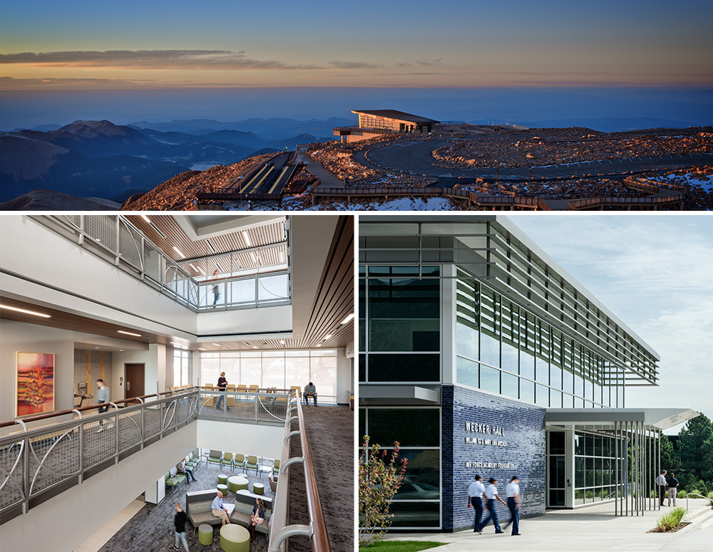collage of pikes peak visitor center as seen from above, the interior of pueblo community health's east side clinic and the exterior of wecker hall